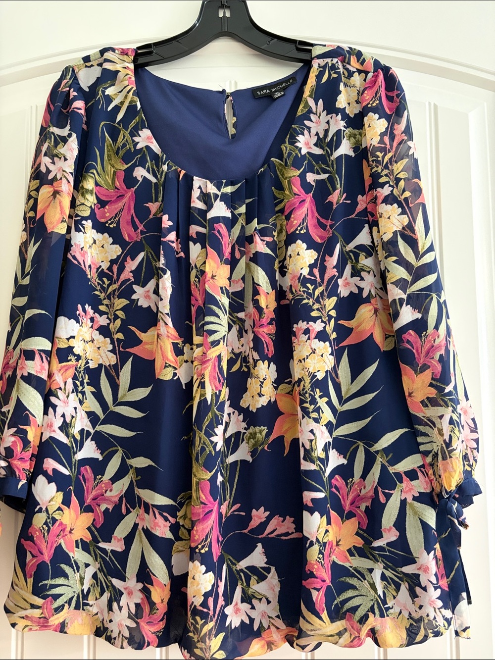 Sara Michelle Navy Floral Scoop Neck Blouse